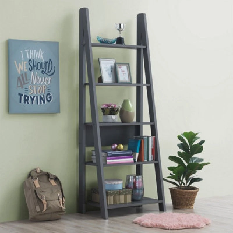 Image of Timber Art Design Riva Scandinavian Retro Ladder Bookcase Shelving Shelf Unit Dark Grey 5 Tier