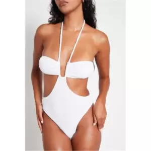 Image of I Saw It First White Crinkle Rib U Bar Cut Out Halterneck Swimsuit - White