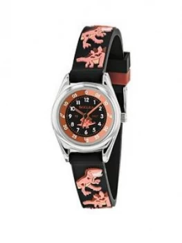 Image of Tikkers Tikkers Black And Orange Dial Black Dinosaur Print Strap Kids Watch