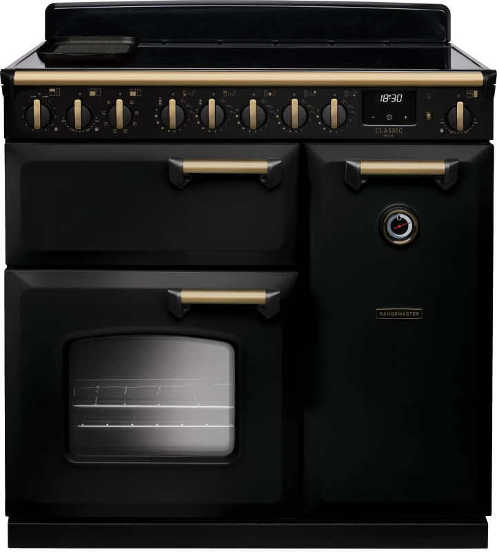 Image of Rangemaster CLDL90EIPGBL/AB1 Classic Deluxe 90cm Induction Range Cooker Antique Brass Trim 18275 - BLACK CLDL90EIPGBL/AB1