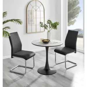 Image of Furniturebox UK - Furniturebox Elina White Marble Effect Modern 80cm Round Dining Table & 2 Black Lorenzo Faux Leather Chairs