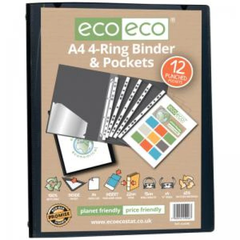 Image of Eco Eco A4 15mm 65% Recycled Ring Binder with 12 Multi Punched Pockets Black eco046-S