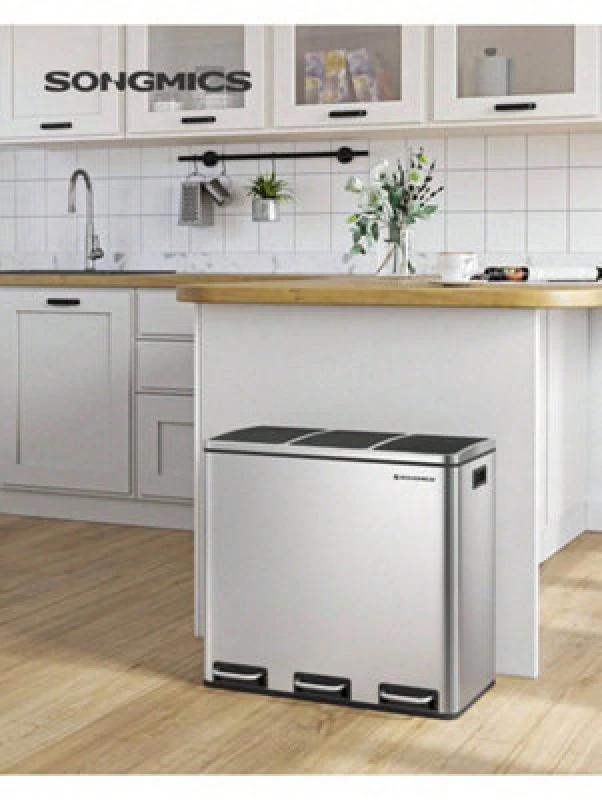 Image of Songmics Kitchen Rubbish Bin, 3 X 18 Litres, Waste Separation System, 3 Compartments, Waste Bin, Pedal Bin, For Yellow Sack