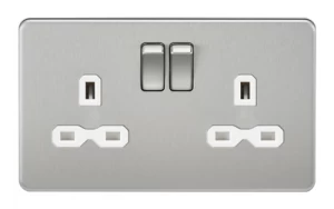 Image of KnightsBridge 2G DP 13A Screwless Brushed Chrome 230V UK 3 Pin Switched Electric Wall Socket - White Insert
