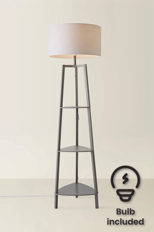 Image of ValueLights ValueLights Hiru Grey 3 Tier Shelf Floor Lamp with Large Drum Shade and Bulb in Light Grey Light Grey One Size Unisex 5059406034527