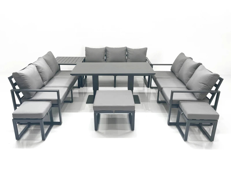 Image of Fimous 12 Seater Garden Sofa Set Aluminium Furniture Rising Dining Tabe Set with Side Table 3 Footstools Dark Grey Dark Grey Unisex