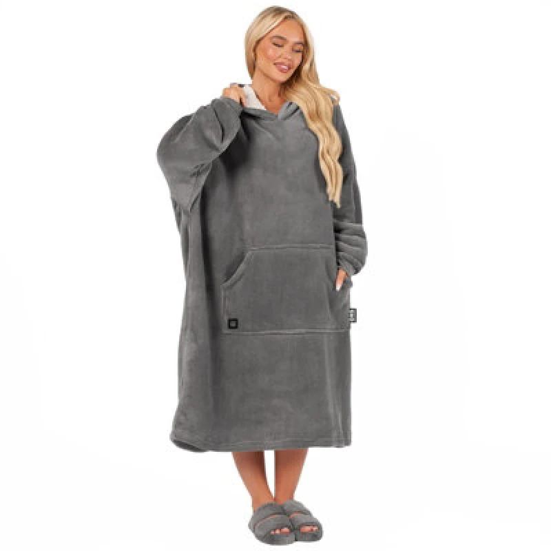 Image of OHS OHS Heated Hoodie Blanket Extra Long Oversized Sherpa Throw USB Jumper in Charcoal Charcoal One Size Unisex 5027434163717