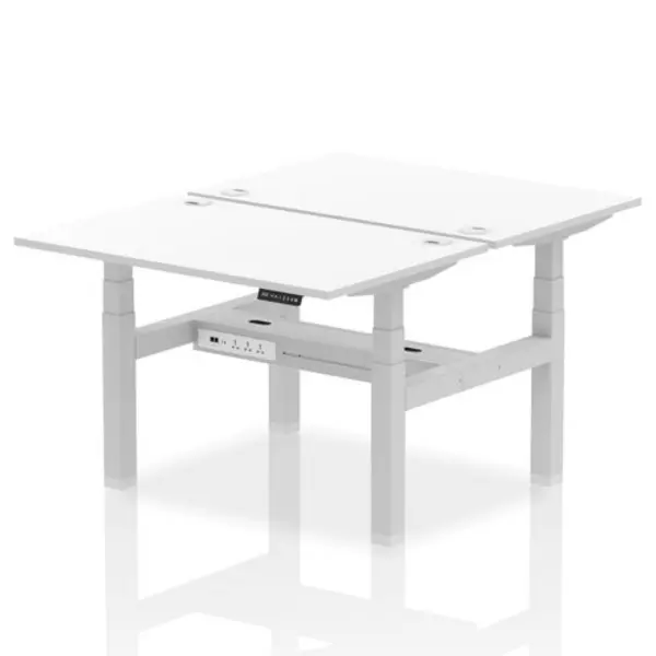 Image of Air Air Back-to-Back 1200 x 800mm Height Adjustable 2 Person Bench Desk White Top with Cable Ports Silver Frame HASCP2P12800WHTS