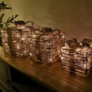 Image of Kaemingk Christmas Set of 3 Wicker Parcels Snow Effect With LED Lights & Timer Function Battery Operated