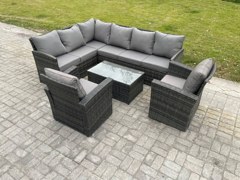 Image of Fimous Rattan Lounge Corner Sofa Set Wicker PE Outdoor Garden Furniture Set with Rectangular Coffee Table 2 Armchairs in Dark Grey Dark Grey Unisex