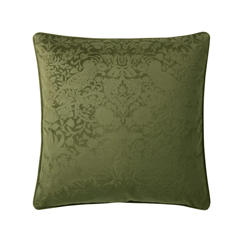 Image of William Morris At Home Strawberry Thief Embossed Cushion, 50x50cm, Olive