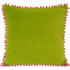 Image of Riva Paoletti - Faux Velvet Pom Pom Fringe 100% Cotton Cushion Cover, Green/Fuchsia, 45 x 45 Cm