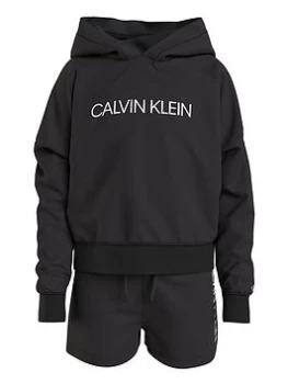 Image of Calvin Klein Jeans Girls Logo Boxy Hoodie Sweatshorts Set - Black, Size Age: 10 Years, Women