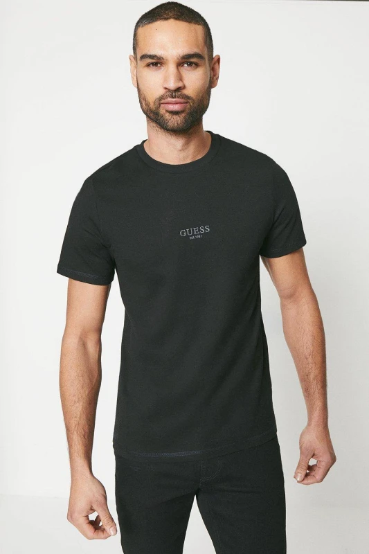 Image of Guess Mens Aidy Crew Neck Ss Tee Jet Black Size: Small Black Male S