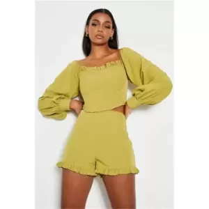 Image of I Saw It First Khaki High Waisted Frill Hem Shorts - Green