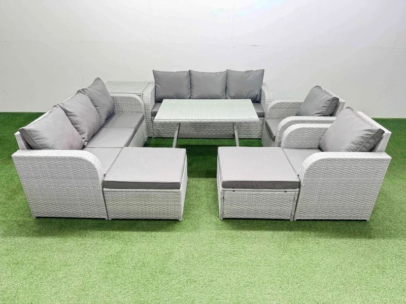 Image of Fimous Rattan High Back Lounge Sofa Set with Reclining Chairs in Light Grey Light Grey Unisex