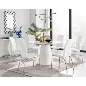 Image of Furniture Box Palma White Marble Effect Round Dining Table and 6 White Isco Chairs