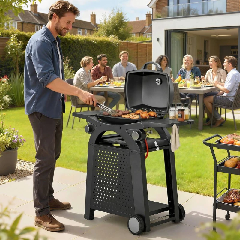 Image of OUTSUNNY 2 Burner Gas Grill, 3.8 KW Barbecue Grill with Cast Iron Grates in Black Unisex