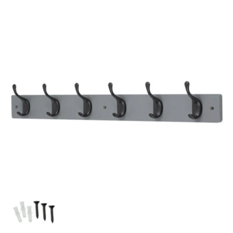 Image of Keypak 6 Matte Black Coat Hooks On Grey Wooden Board - 68Cm Modern Wall Mounted Coat Rack Clothes Hanger