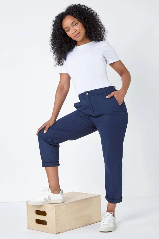 Image of Roman Womens Petite Cotton Blend Stretch Chino Trousers in Navy Size: 10 Navy Female 10