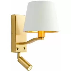 Image of Wall Light Satin Brass Plate & Vintage White Fabric 40W E14 & 3W led