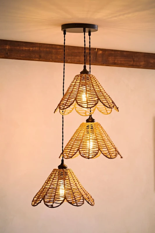Image of ValueLights ValueLights Vine Rattan Flower Shade 3 Drop Cluster Black Ceiling Pendant Light with Bulbs in Natural Natural One Size Unisex 505940606353