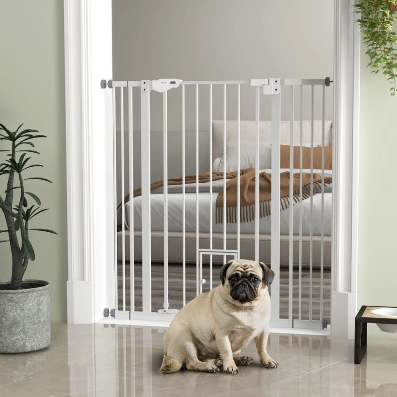 Image of PawHut Extra Tall Dog Gate with Cat Door Auto Close for Stairs 74 - 101Wcm - Pawhut 5056725505301