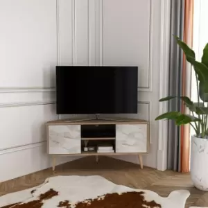 Image of Decorotika - Zahav Corner tv Stand 2 Shelves and Two Cabinets - Oud Pattern and White Marble Effect - Oud Pattern - White Marble Effect