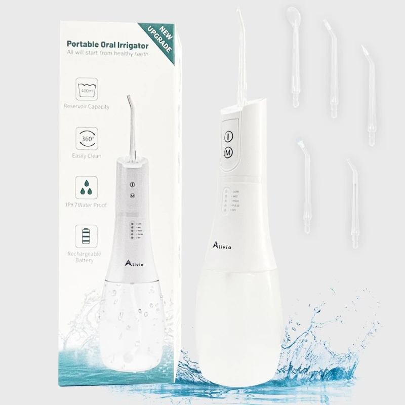 Image of Alivio Dental Tooth Water Flosser 400ML Tank with 5 Jet Tips White unisex