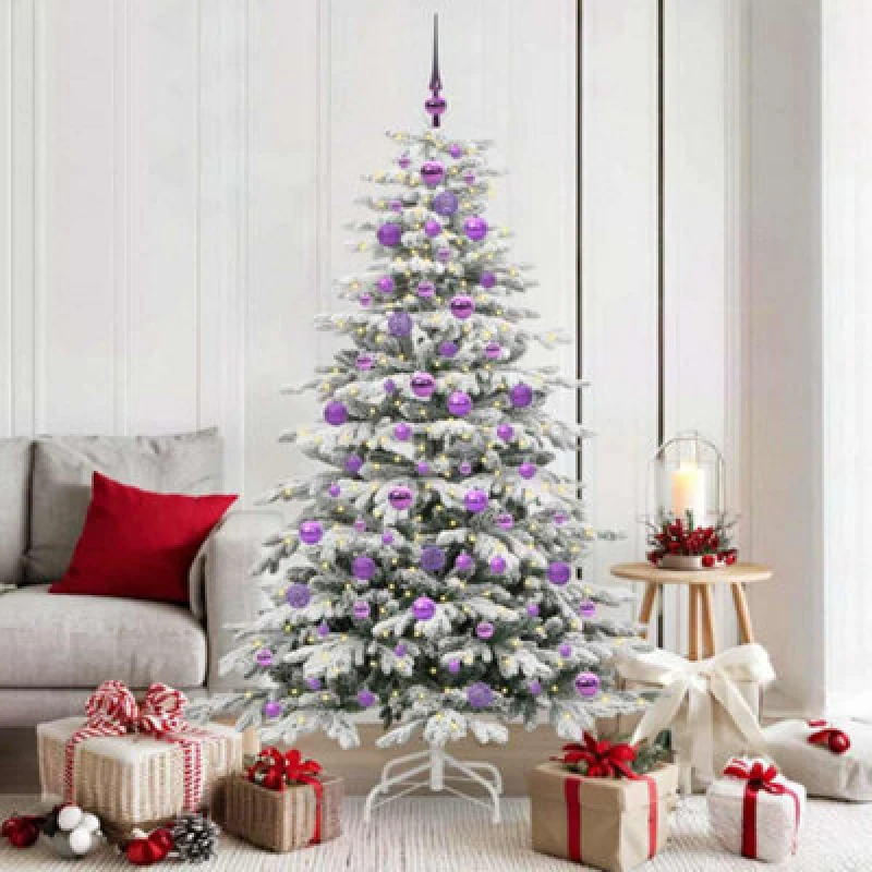 Image of vidaXL Artificial Hinged Christmas Tree with Lilac Balls White 180cm PE and PVC, White 3395646