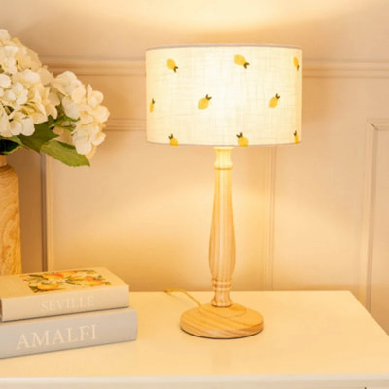 Image of ValueLights Victoria Light Wood Candlestick Table Lamp with Lemon Embroidered Lamp Shade Natural