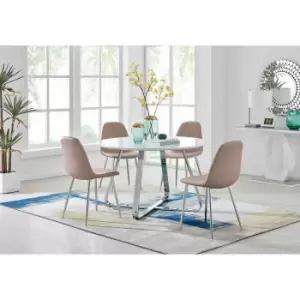 Image of Furniture Box Santorini White Round Dining Table and 4 Cappuccino Corona Silver Leg Chairs
