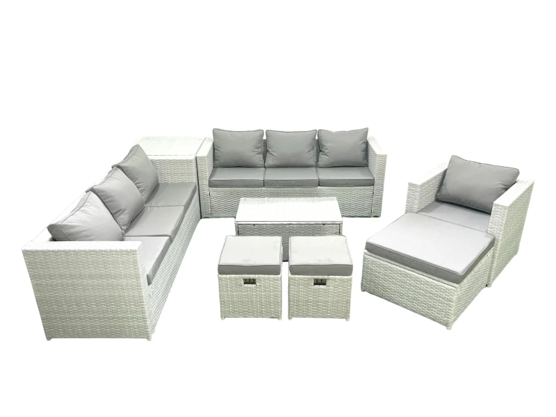 Image of Fimous Wicker PE Rattan Sofa Garden Furniture Set with Armchair Oblong Coffee Table 3 Footstools Side Table Light Grey Mixed Light Grey