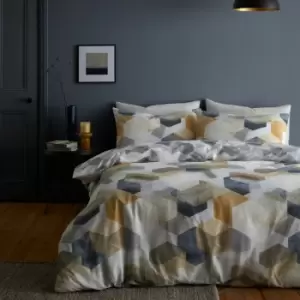 Image of Bianca Hexagon Geometric Print 100% Cotton Reversible Duvet Cover and Pillowcase Set, Grey/Ochre, Single