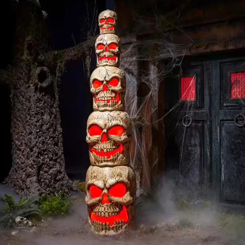 Image of Home Accents Holiday 8ft Giant-Sized Halloween Skull Stack with Red LEDs