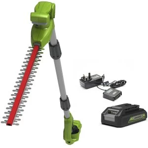 Image of Greenworks 24v Long Reach Split-shaft Hedge Trimmer with 2Ah Lithium-ion Battery and Charger