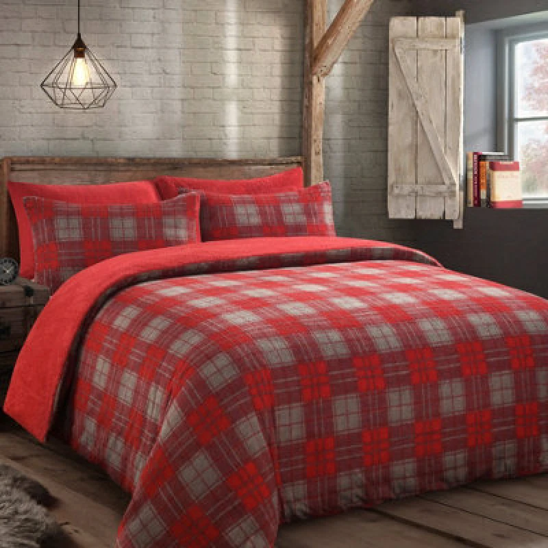 Image of Velosso Check Teddy Warm & Cosy Duvet Cover & Pillowcase Set in Red Size: Double Red Unisex Double