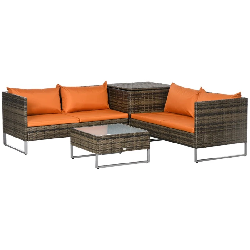 Image of Outsunny 4Pcs Patio Rattan Sofa Garden Furniture Set with Table Cushions Orange - Outsunny 860-114V70MB