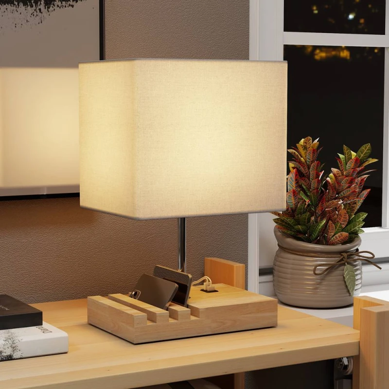 Image of HOMCOM Table Lamp with 3 Slots, Bedside Lamp with Solid Wood Base in White White Unisex