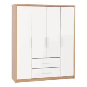 Image of Seconique Seville 4 Door 2 Drawer Wardrobe - White Gloss/Light Oak Effect Veneer