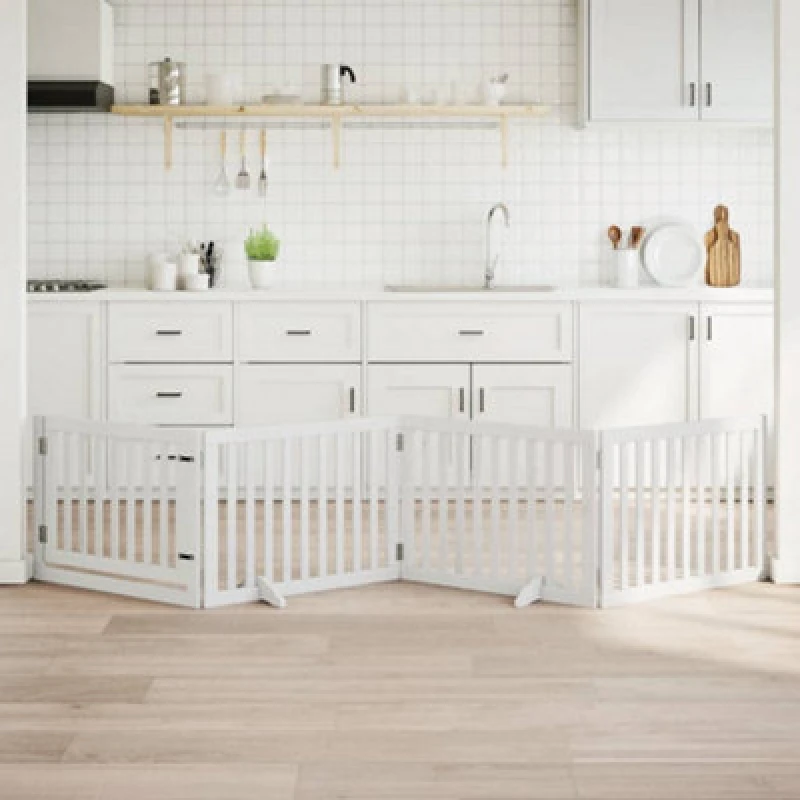 Image of vidaXL Dog Gate with Door Foldable 4 Panels White 320cm Poplar Wood, White 352249