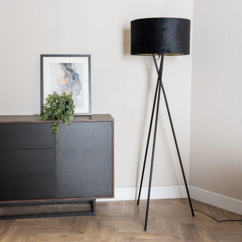Image of ValueLights ValueLights Camden Black Tripod Floor Lamp with Black Velvet & Gold Lamp Shade Black One Size Unisex 5059406060793