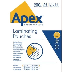 Image of Fellowes Apex A4 Laminating Pouch Light Duty 150 Micron Pack of 200