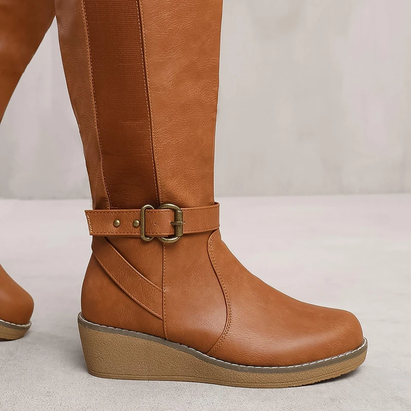 Image of Where's That From 'Ayleen' Wide Calf Wedge Heel Knee High Boots With Elastic Panel Tan