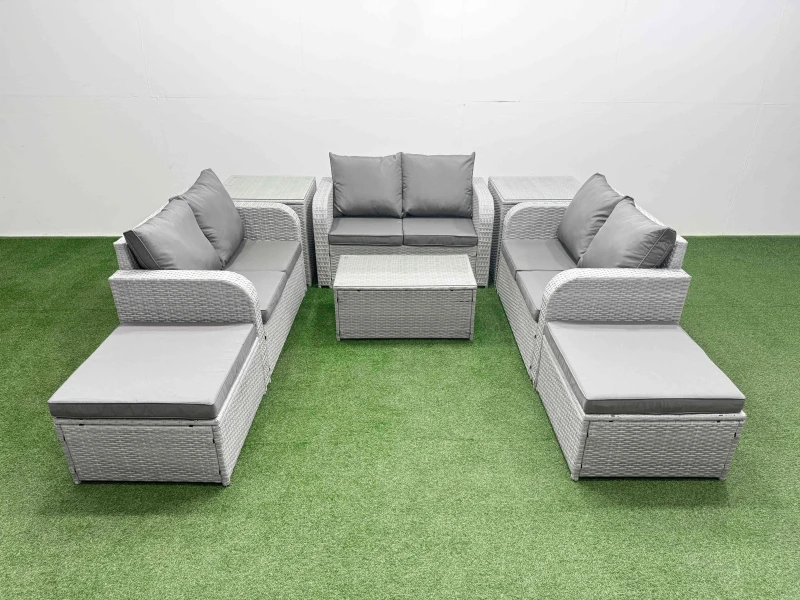 Image of Fimous 8 Seater PE Wicker Rattan Furniture Sofa Sets with Rectangular Coffee Table 2 Seater Love Sofa 2 Big Footstool 2 Side Table Light Grey Light Gr