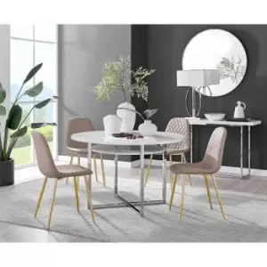 Image of Furniture Box Adley White High Gloss Storage Dining Table and 4 Cappuccino Corona Gold Leg Chairs