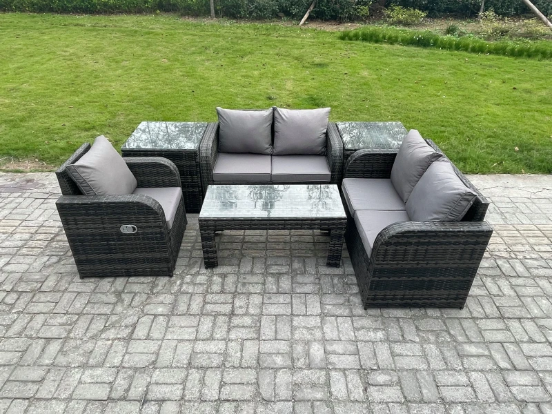 Image of Fimous Rattan Outdoor Garden Furniture Sofa Set Patio Table & Chairs Set with 2 Side Tables Dark Grey Mixed Dark Grey