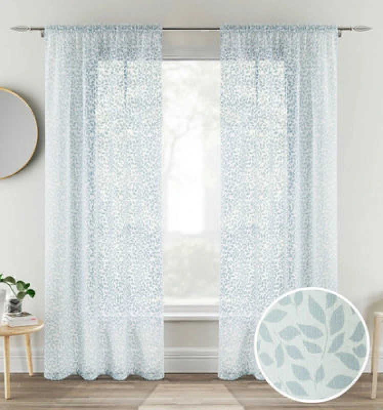 Image of Tyrone Textiles Willow Leaf Print Linen-Look Voile Panel - Pair Duck Egg Blue