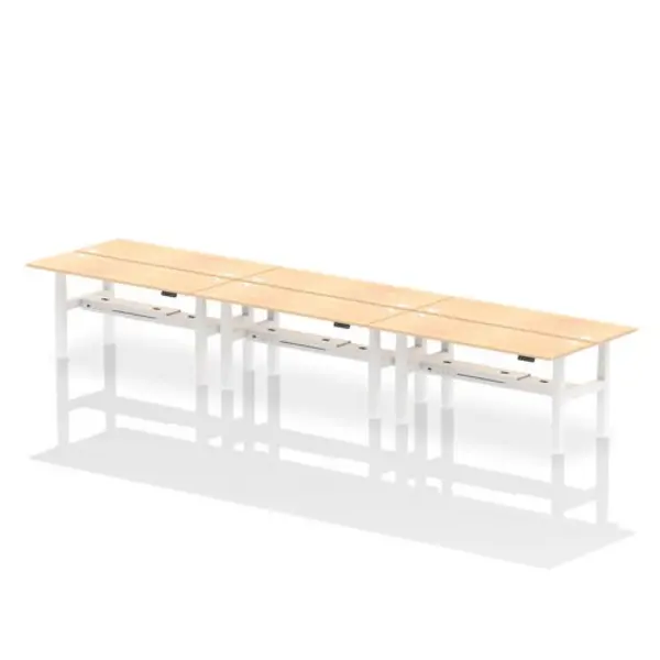 Image of Air Air Back-to-Back 1800 x 600mm Height Adjustable 6 Person Bench Desk Maple Top with Cable Ports White Frame HASCP6P18600MPEW