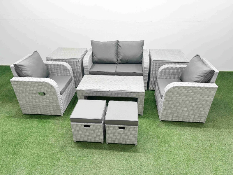 Image of Fimous Light Grey PE Wicker Rattan Garden Furniture Set Sofa Set Reclining Adjustable Chair Oblong Coffee Table 6 Seater 2 Small Stools 2 Side Table L